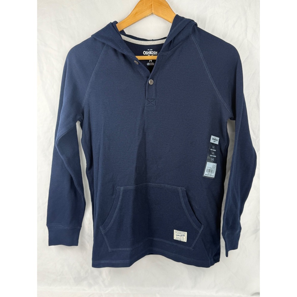 OshKosh B'gosh Boys Navy Blue Waffle Knit Thermal Henley‎ Hoodie Size 14 NWT
